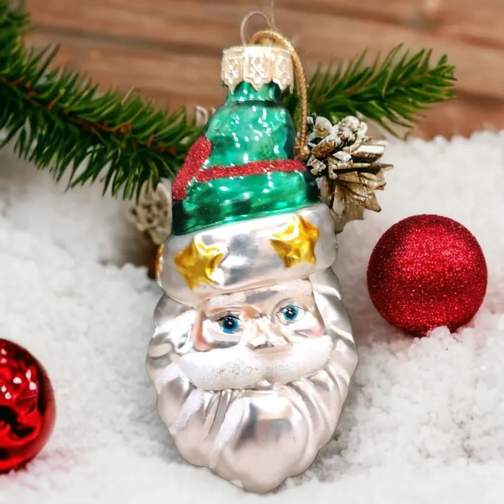 Blue Eyed Green Hat Santa Christmas Ornament Hand Blown Glass Thomas Pacconi 02
